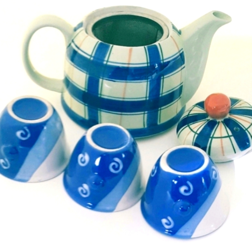 Ceramic 2 Cup Teapot Tartan Plaid 3 Small Cups Blue Anglophile